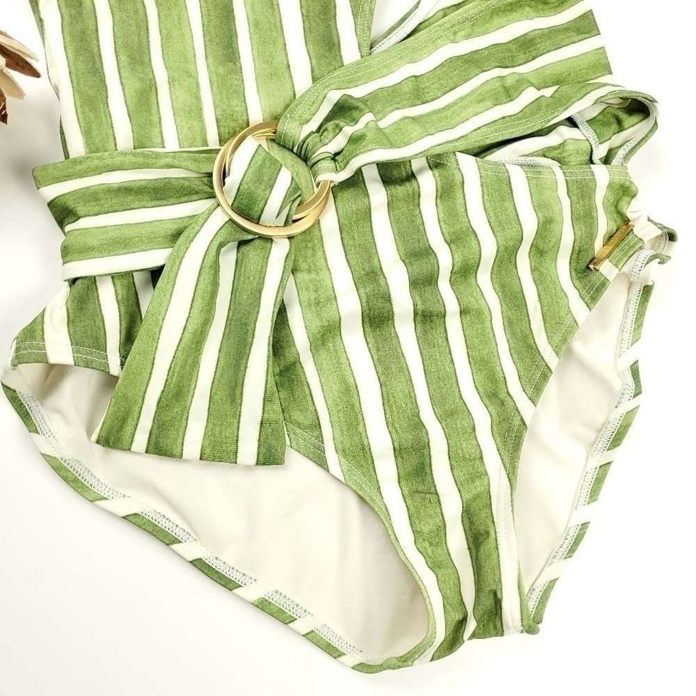 Vince Camuto Green Stripe Cutout Wrap Swimsuit - Picture 3 of 14